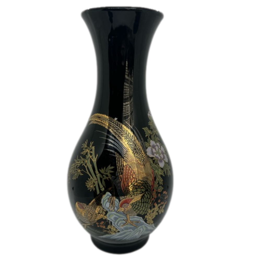 Vintage Japanese Set of 3 Black & Gold Assorted Vases with Golden Pheasant - Picture 4 of 9